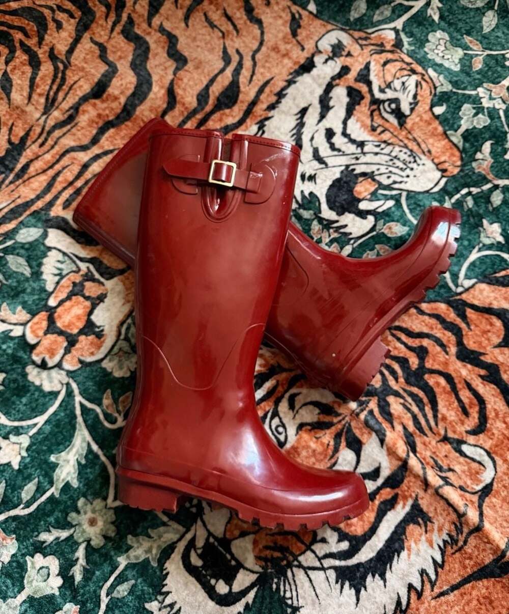 Autumn Burgundy Red Rubber Rain Boots Tall Fall Waterproof Wellies Size 6